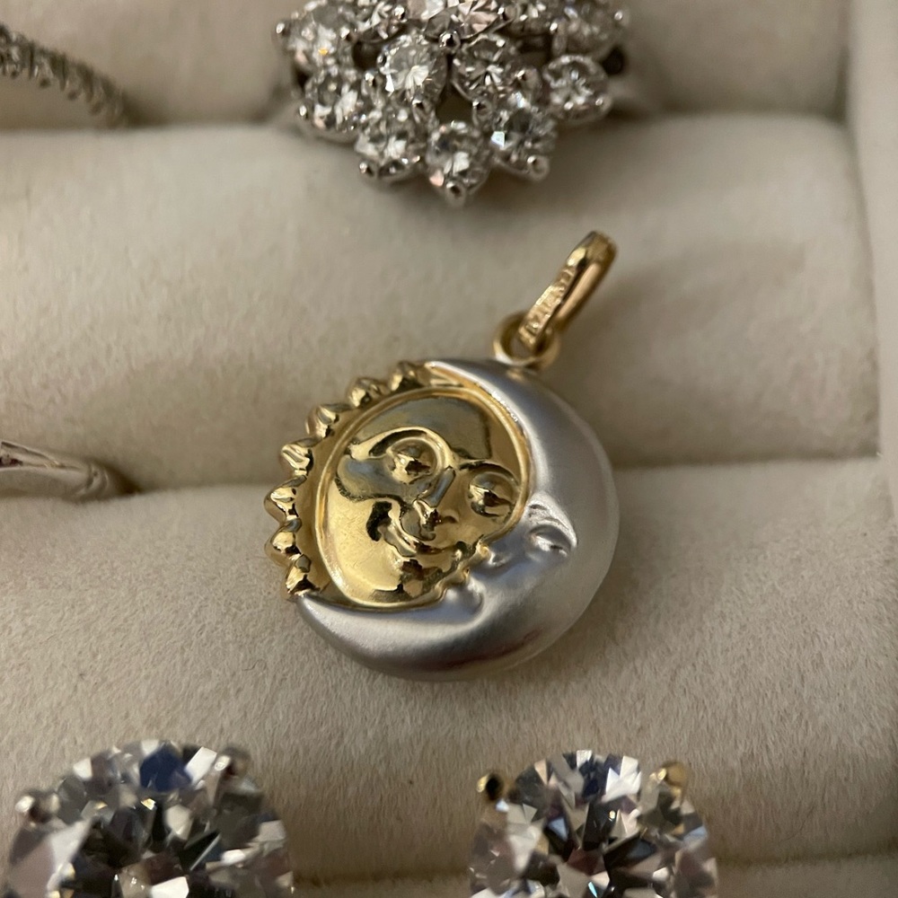 14k solid gold two tone puffy reversible sun moon face celestial pendant 3d - Picture 5 of 14